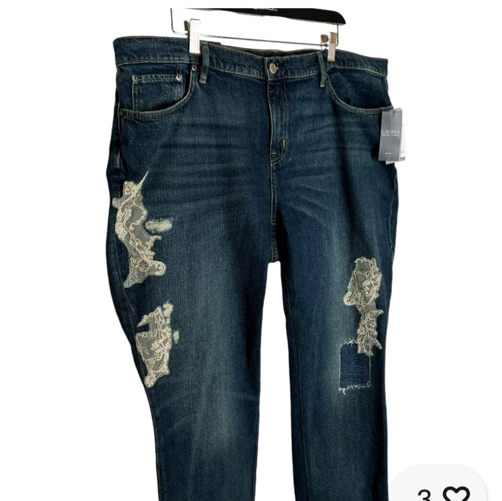 NEW RALPH LAUREN DENIM PATCHWORK RELAXED LACE JEANS SZ 20